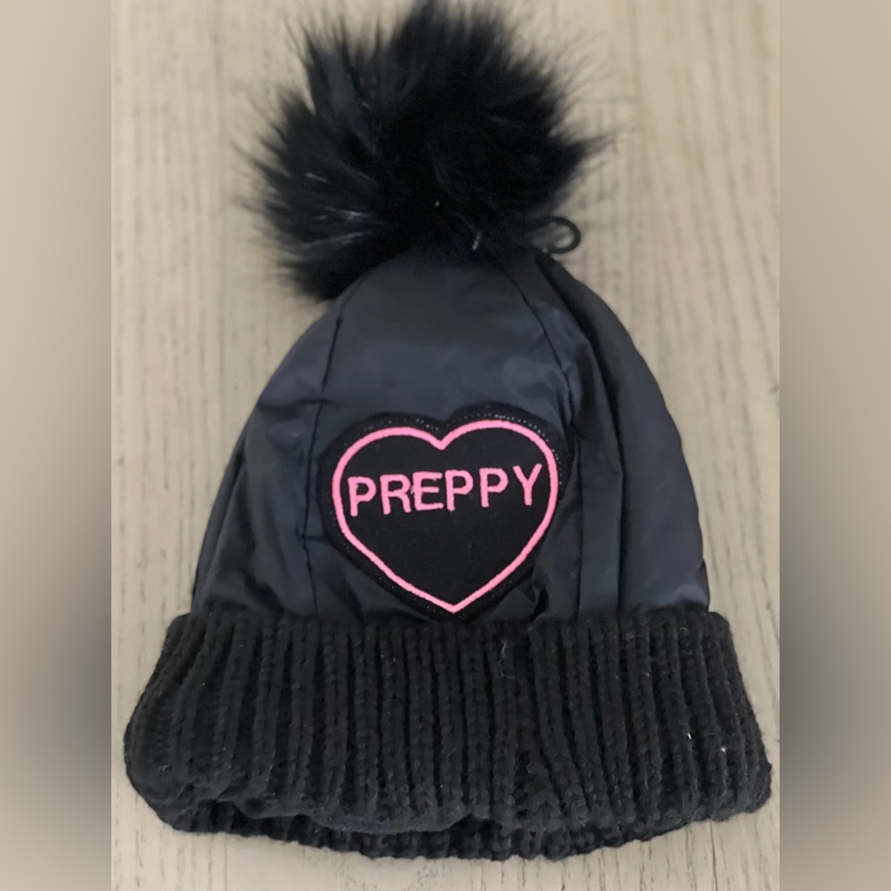 Cute lined puffer pom-pom hat with handmade patch that says PREPPY!